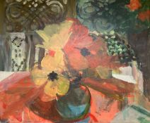 Myrta Fisher (1917-1999), acrylic on board, 'In The Sunroom, Concentration’, label verso, 62 x