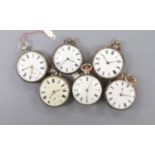 Six assorted 19th century silver keyless verge pocket watches, including pair cased.