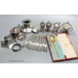 Sundry small silver including cased spoon, two mounted inkwells, two small trophy cups, condiments,