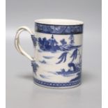 A late 18th century Chinese export blue and white cylindrical mug, with entwined handle, 13cm