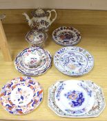 Victorian printed and enamelled tableware, including Davenport Stone China plate, 24cm