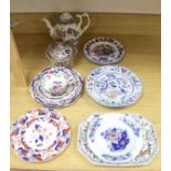 Victorian printed and enamelled tableware, including Davenport Stone China plate, 24cm