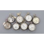 Six assorted 19th century silver keyless verge pocket watches, including Graves, Sheffield.