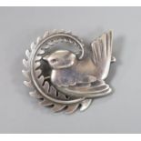 A Georg Jensen sterling robin and frond brooch, no. 309, 46mm.