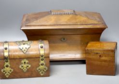 A Victorian rosewood sarcophagus tea caddy, 36.5 cm, a mahogany caddy and a Victorian Walnut and