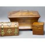 A Victorian rosewood sarcophagus tea caddy, 36.5 cm, a mahogany caddy and a Victorian Walnut and