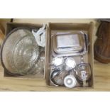 A pair of oblong silver plate entree dishes and covers, 2 other dishes, 2 part tea service and