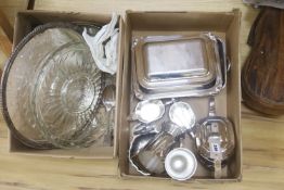 A pair of oblong silver plate entree dishes and covers, 2 other dishes, 2 part tea service and