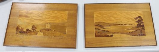Two Scottish Bemochie marquetry panels, Urquhart Castle, Loch Ness and Loch Rannoch, dated 1949 and