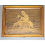 An Italian reversible marquetry picture of a monkey riding a hound, width 28cm