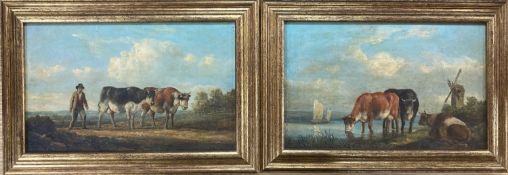 Dutch School (19th century), Cattle watering with a distant windmill, oil on board - and companion