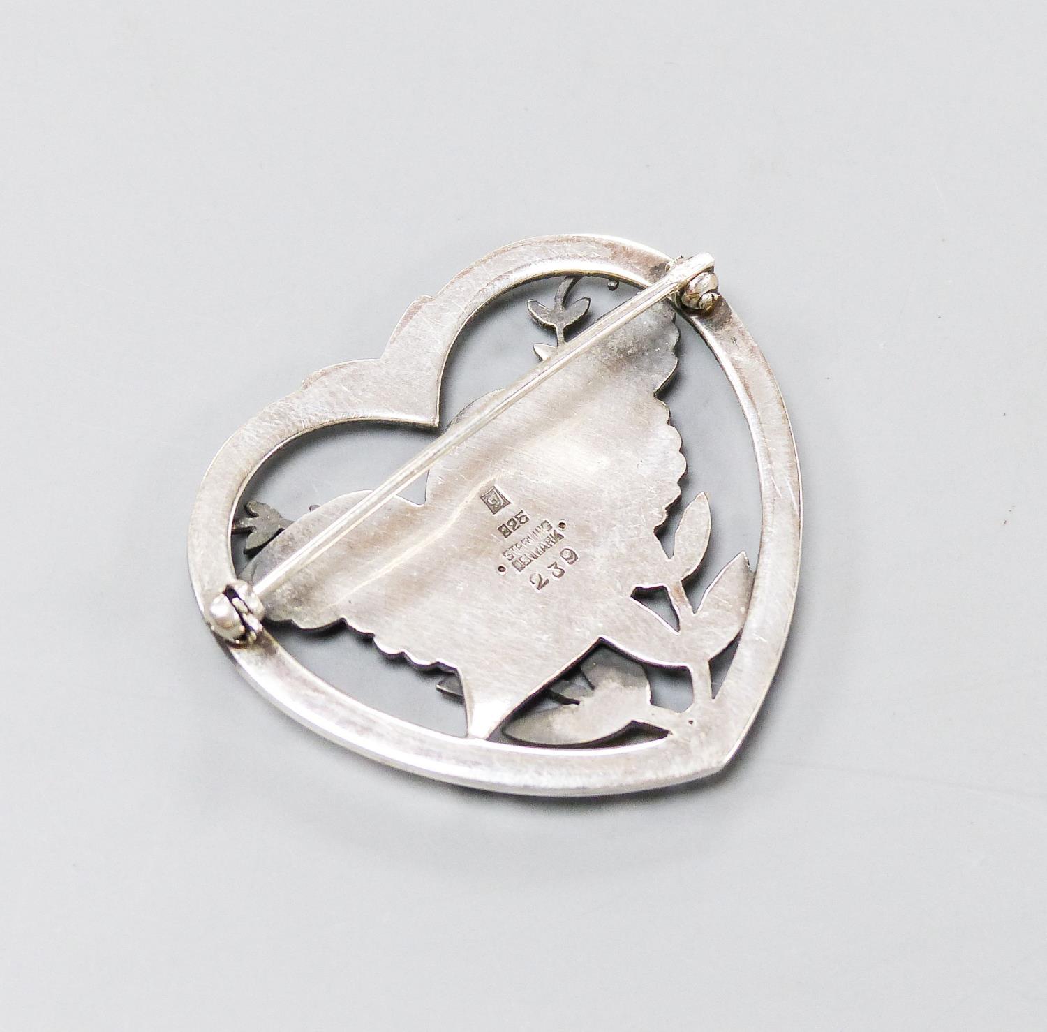 A Georg Jensen sterling robin and frond heart shaped brooch, no. 239, 41mm. - Image 2 of 2