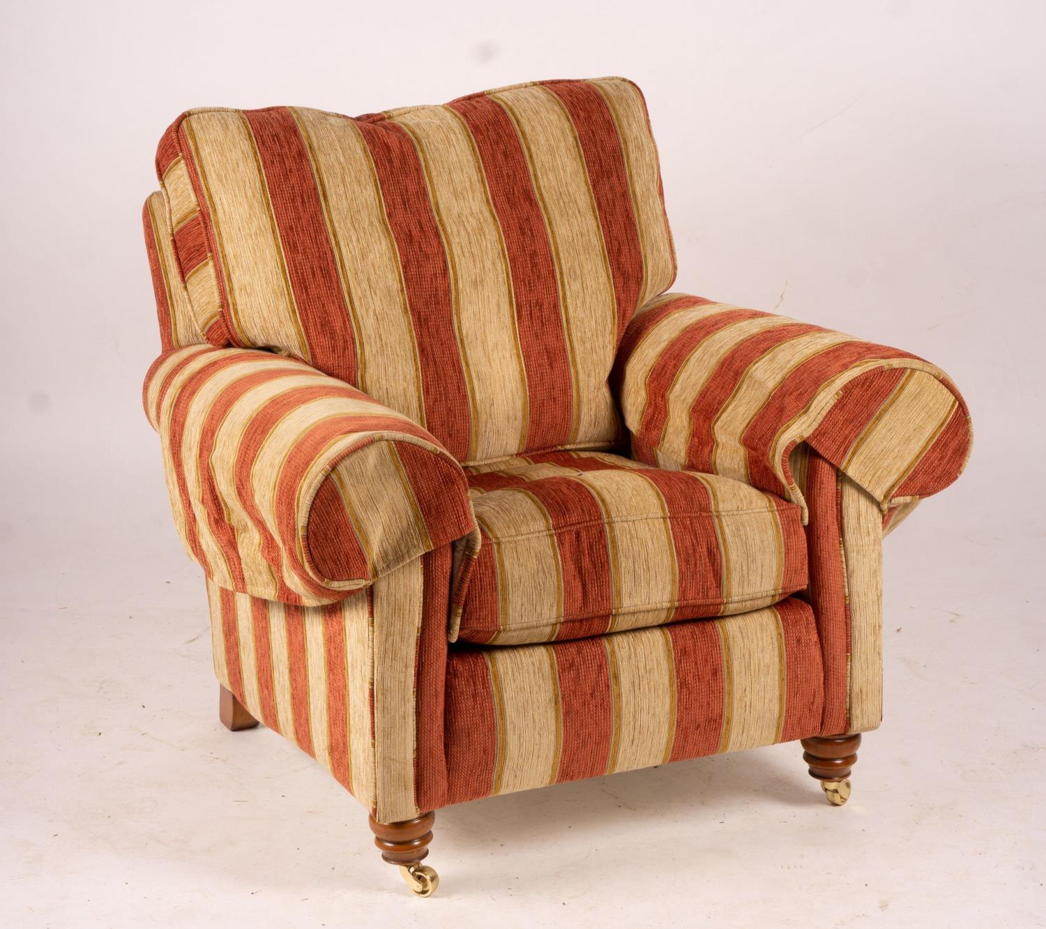 A pair of Duresta armchairs, width 94cm, depth 90cm, height 90cm and matching footstool in striped - Image 4 of 7