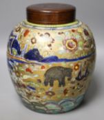 A 19th century Chinese clobbered jar with wood cover24cm