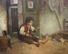 Elizabeth Godner, oil on canvas, Italian child with chickens and cat, signed, 42 x 52cm