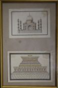 Indian School, pen an ink, Study of the Taj Mahal and of a decorated plinth, 6 x 9.5cm and 7 x 11cm,
