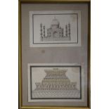 Indian School, pen an ink, Study of the Taj Mahal and of a decorated plinth, 6 x 9.5cm and 7 x 11cm,