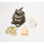 Assorted Chinese items including a bronze Luduan censer and an agate carving etc