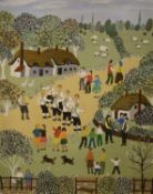 Dora Horsewell, oil on board, Morris dancers, signed, 50 x 40cm.