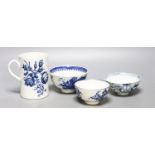 A Worcester mug and two bowls and a Lowestoft bowl, c.1770-80,Mug 12cm