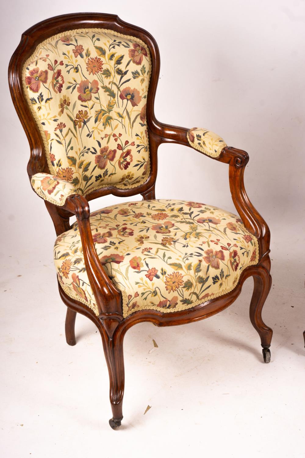 A pair of French mahogany framed open armchairs, width 60cm, depth 50cm, height 100cm - Image 6 of 6