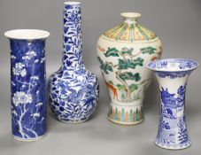 A Chinese famille verte meiping, two Chinese blue and white vases (both damaged) and a Masons