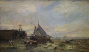 English School, circa 1900, oil on canvas, fisherfolk beside a jetty, 45 x 76cm.