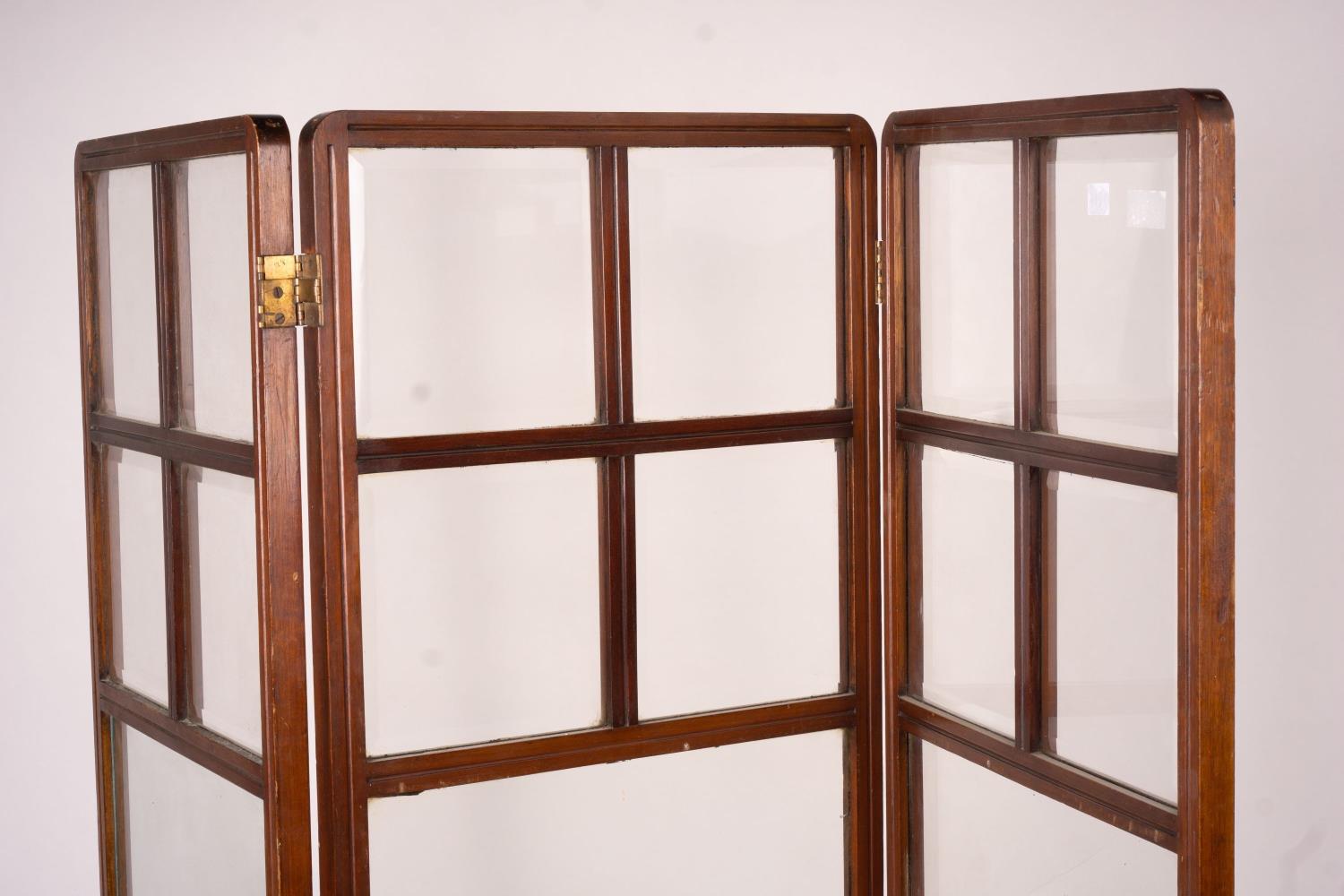 An Edwardian glazed mahogany three fold screen, each panel width 51cm, height 157cm - Image 2 of 8