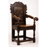 A 17th century style oak Wainscot chair, width 54cm, depth 52cm, height 104cm
