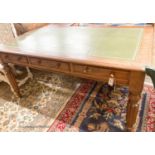 A Victorian mahogany three drawer writing table, width 150cm, depth 82cm, height 75cm