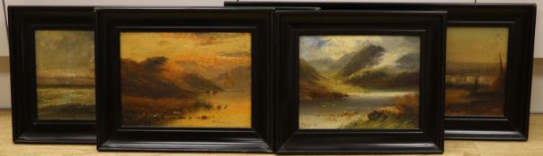 J.Maunier, 1909. Two pairs of oils on board, loch scenes and fishing boats along the coast, signed