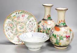 A pair of Chinese crackle glaze famille rose vases, a famille rose dish and a blue and white bowl,