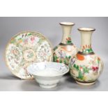 A pair of Chinese crackle glaze famille rose vases, a famille rose dish and a blue and white bowl,