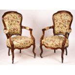 A pair of French mahogany framed open armchairs, width 60cm, depth 50cm, height 100cm