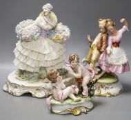 A Luigi Fabris porcelain figure of a lady wearing a crinoline dress, holding baskets of flowers, and