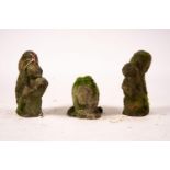 Three reconstituted stone garden ornaments, squirrels and rabbit, tallest 34cm