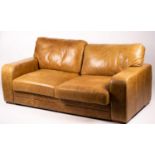 A pair of contemporary tan leather settees, length 200cm, depth 100cm, height 94cm