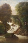 English School circa 1900. Oil on canvas Angler in a Welsh river landscape, indistinctly signed,