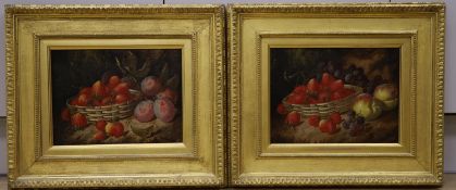 G.W - Late 19th century English school, pair of oils on canvas, Still life’s with a basket of