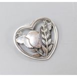 A Georg Jensen sterling robin and frond heart shaped brooch, no. 239, 41mm.