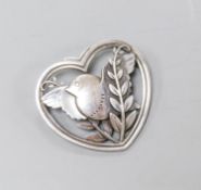 A Georg Jensen sterling robin and frond heart shaped brooch, no. 239, 41mm.