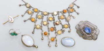 A base metal and agate mounted necklace and other costume jewellery.