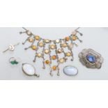 A base metal and agate mounted necklace and other costume jewellery.