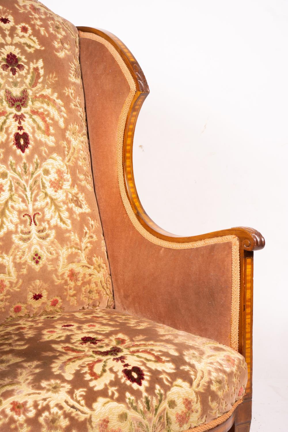 A pair of Edwardian satinwood banded mahogany wing armchairs, width 56cm, depth 75cm, height 110cm - Image 7 of 9