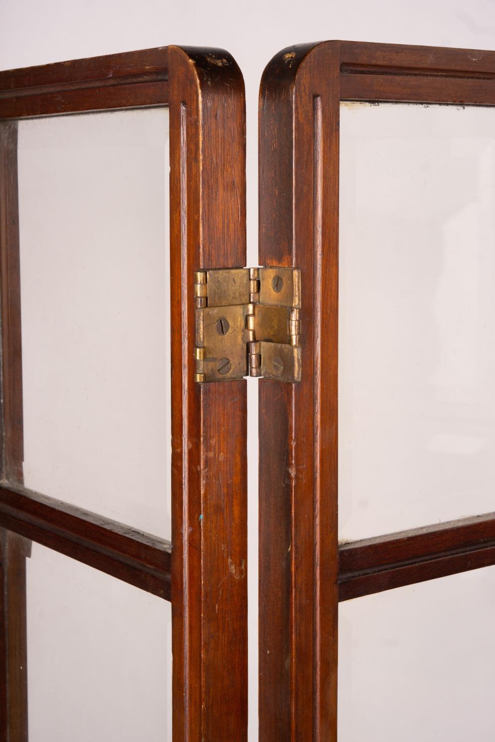 An Edwardian glazed mahogany three fold screen, each panel width 51cm, height 157cm - Image 3 of 8