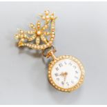 A continental yellow metal, rose cut diamond and split pearl set open face fob watch, case