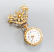 A continental yellow metal, rose cut diamond and split pearl set open face fob watch, case