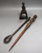 Senufo tribal pulley, a wood ladle believed to be Senufo, and a wood baton, believed to be Chokwe