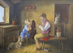 Bernard Page (20th English school), oil on canvas, Interior scene with figures, a donkey and a