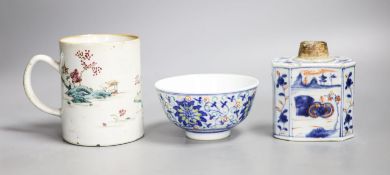 A Chinese famille rose mug, a Chinese Imari tea caddy and a doucai bowl, 18th century and later